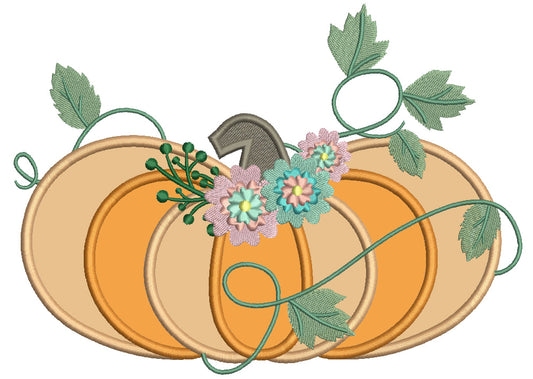 Pumpkin With Flowers And Vines Fall Applique Machine Embroidery Design Digitized Pattern