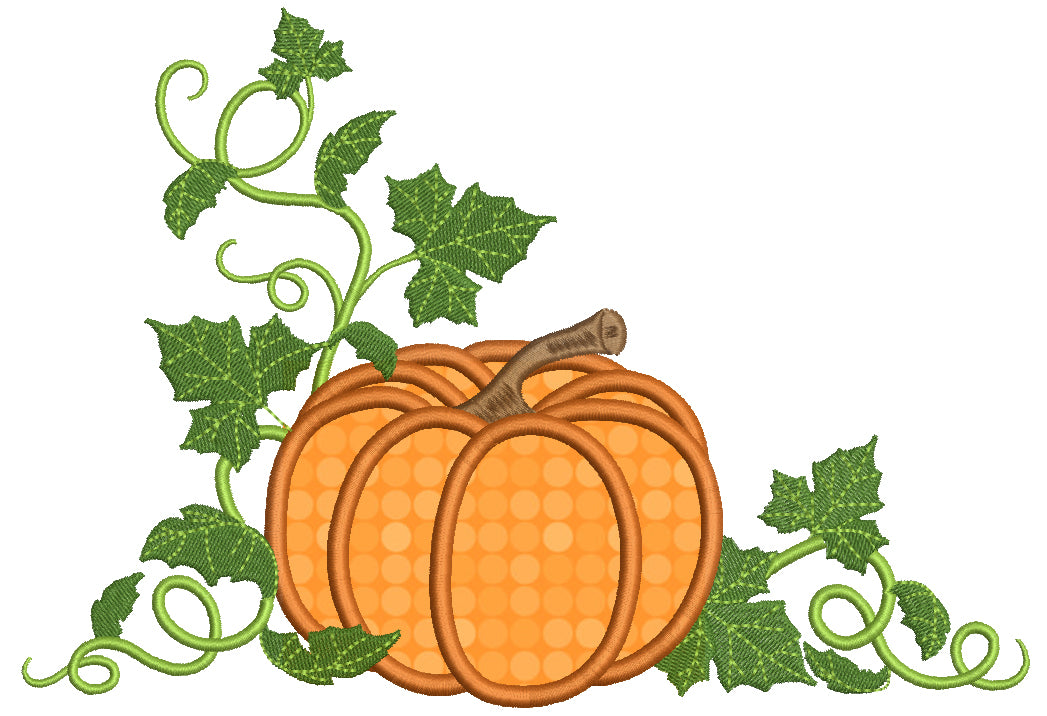 Pumpkin With Many Green Leaves Applique Machine Embroidery Design Digitized Pattern