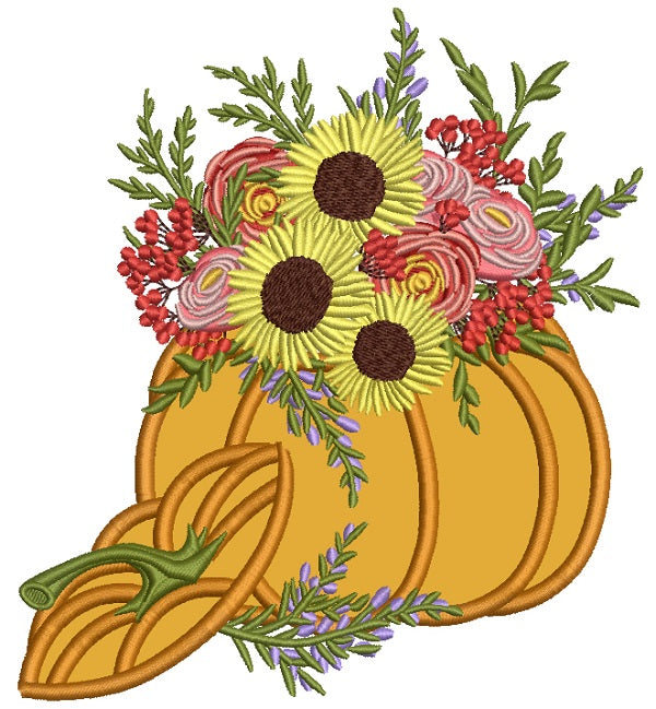 Pumpkin With Sunflower Bouquet Thanksgiving Applique Machine Embroidery Design Digitized Pattern