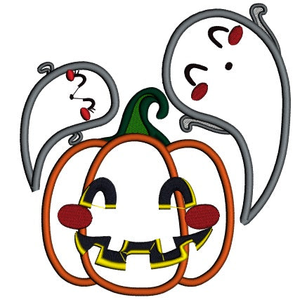 Pumpkin and Two Friendly Ghosts Halloween Applique Machine Embroidery Design Digitized Pattern