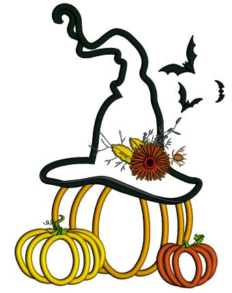 Pumpking Wearing Witch Hat With Flying Bats Halloween Applique Machine Embroidery Design Digitized Pattern