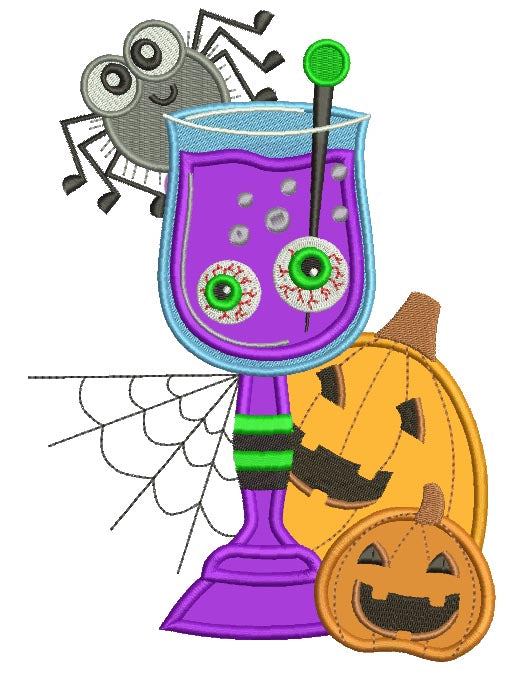 Pumpkins Spider and a Glass with Eyes Inside Witch Halloween Applique Machine Embroidery Digitized Design Pattern