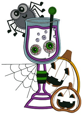 Pumpkins Spider and a Glass with Eyes Inside Witch Halloween Applique Machine Embroidery Digitized Design Pattern