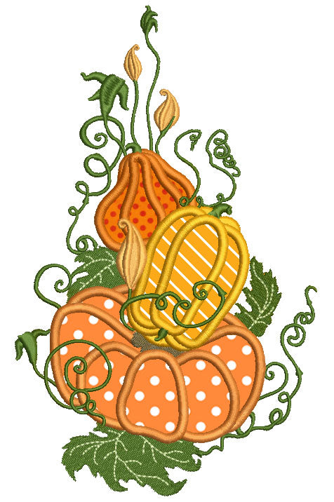 Pumpkins With Ornamental Leaves Fall Thanksgiving Applique Machine Embroidery Design Digitized Pattern