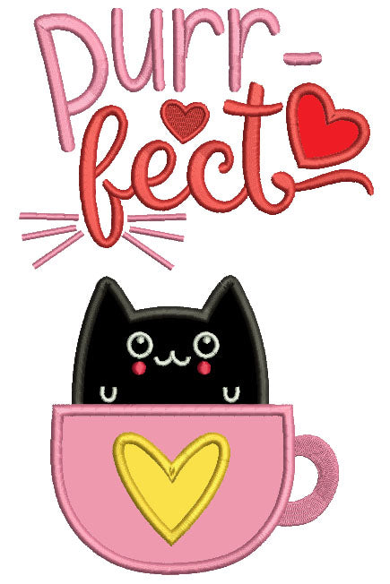 Purrfect Cat Cup Love Applique Machine Embroidery Design Digitized Pattern