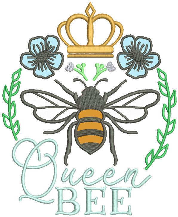 Queen Bee Flowers And Crown Applique Machine Embroidery Design Digitized Pattern