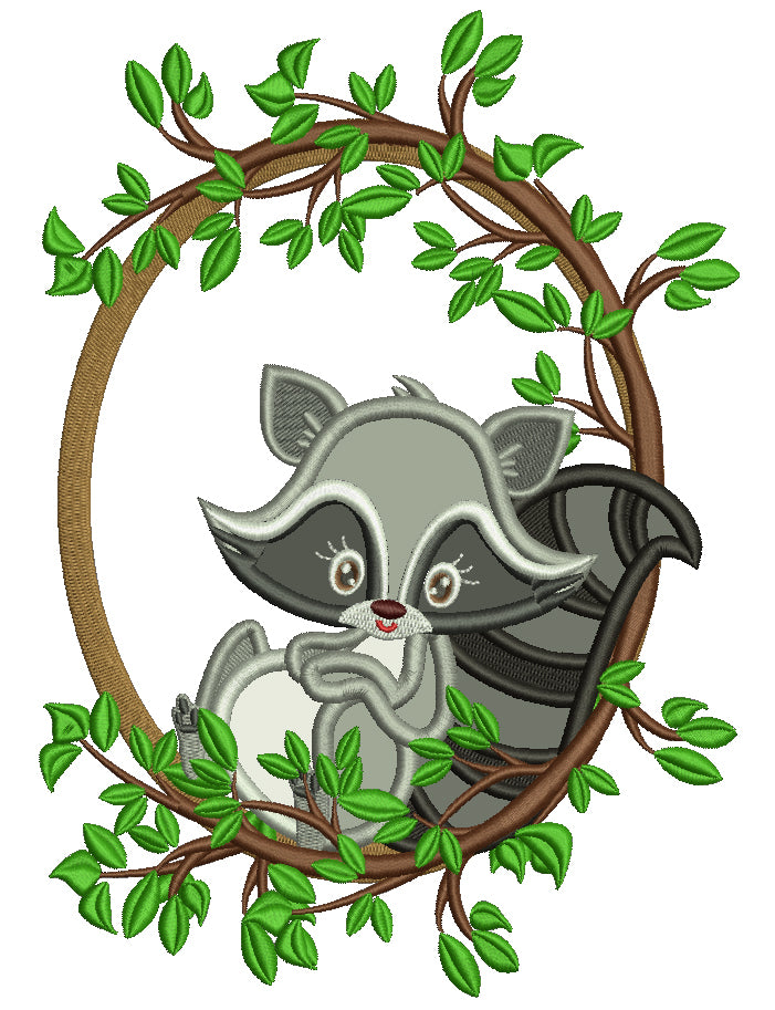 Raccoon Wreath With Leaves Applique Machine Embroidery Design Digitized Pattern