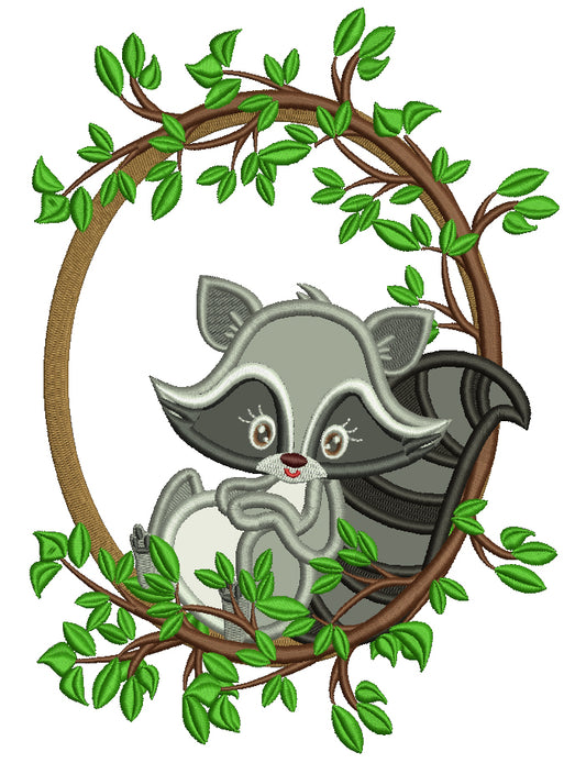 Raccoon Wreath With Leaves Applique Machine Embroidery Design Digitized Pattern