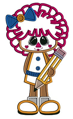 Rag Doll Girl Holding Big Pencil School Applique Machine Embroidery Design Digitized Pattern