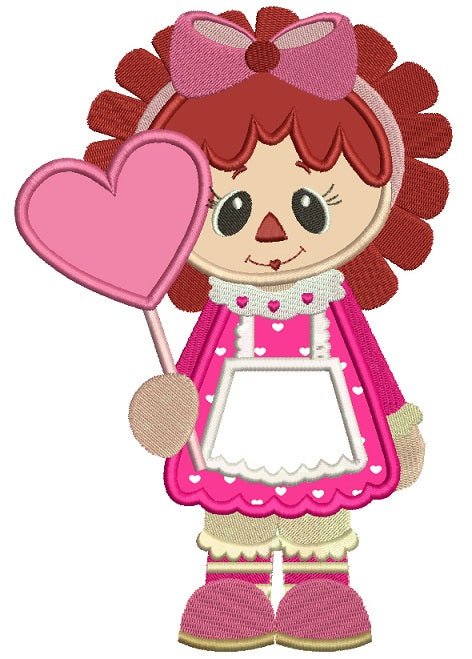 Rag Doll Holding Big Heart Applique Machine Embroidery Design Digitized Pattern