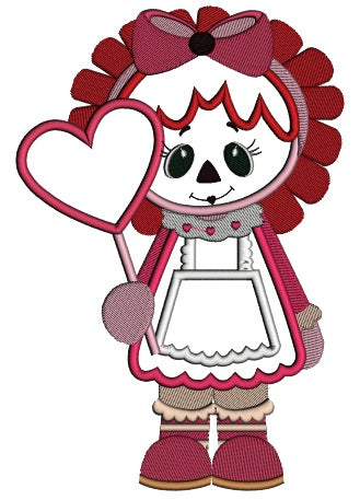 Rag Doll Holding Big Heart Applique Machine Embroidery Design Digitized Pattern