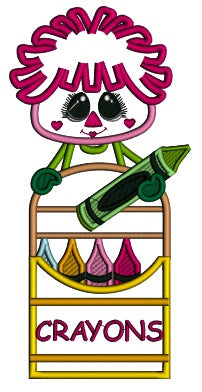 Rag Doll Holding COlored Marker School Applique Machine Embroidery Design Digitized Pattern