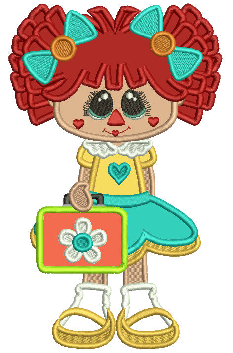 Ragdoll Girl Ready For School Applique Machine Embroidery Design Digitized Pattern