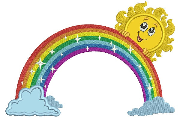 Rainbow With Clouds and Boy Sun Applique Machine Embroidery Design Digitized Pattern