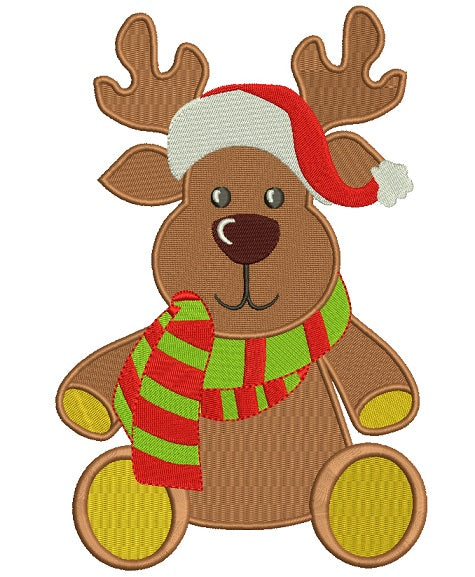 Reindeer Wearing Scarf and Christmas Hat Filled Machine Embroidery Design Digitized Pattern