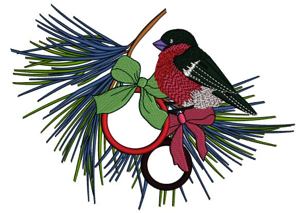 Red Robin Sitting On Christmas Ornaments Applique Machine Embroidery Design Digitized Pattern