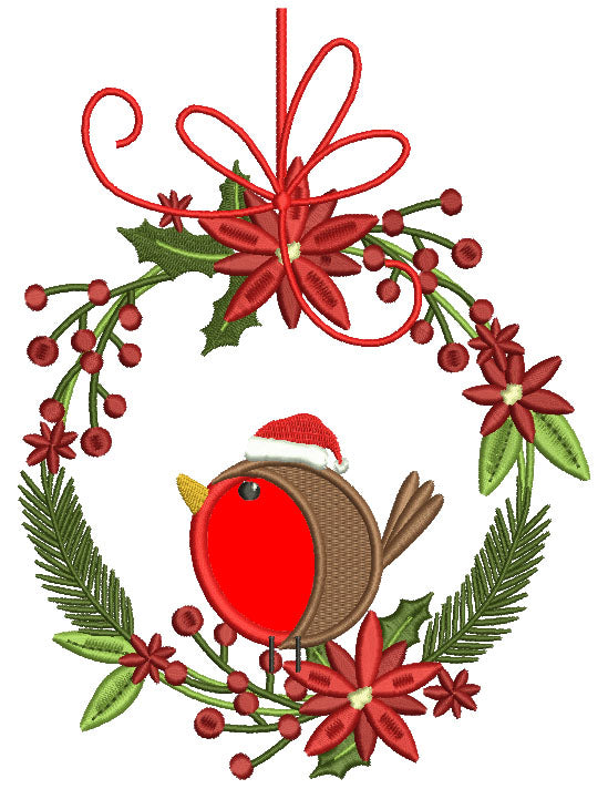Red Robin Sitting On Christmas Wreath Applique Machine Embroidery Design Digitized Pattern