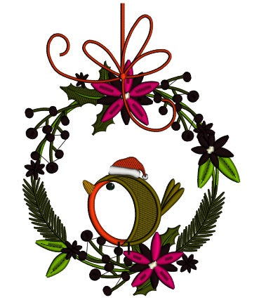 Red Robin Sitting On Christmas Wreath Applique Machine Embroidery Design Digitized Pattern
