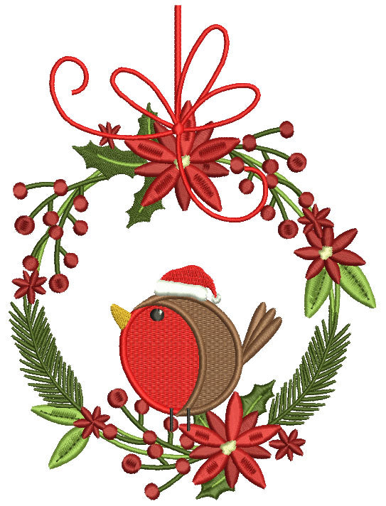Red Robin Sitting On Christmas Wreath Filled Machine Embroidery Design Digitized Pattern