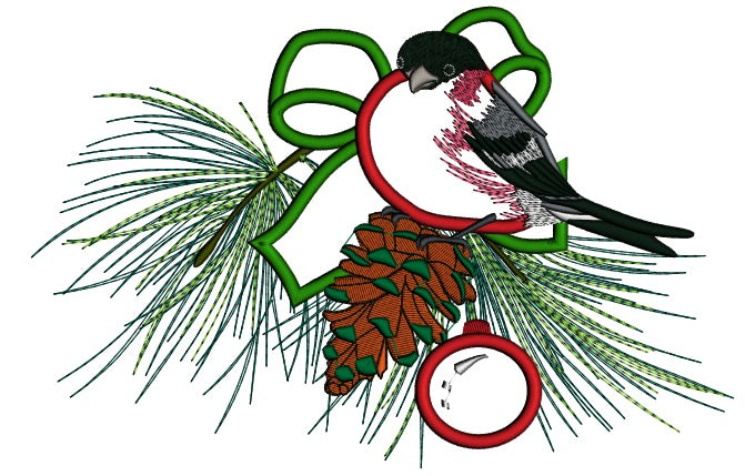 Red Robin Sitting On The Christmas Tree Branch Applique Machine Embroidery Design Digitized Pattern