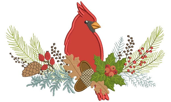 Red Robin Sitting On a Branch Winter Christmas Applique Machine Embroidery Design Digitized Pattern
