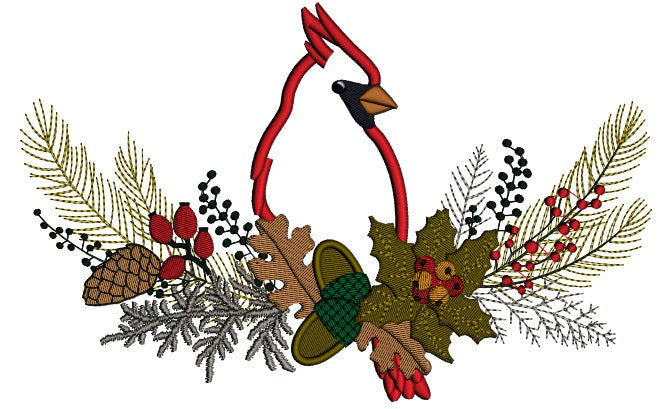 Red Robin Sitting On a Branch Winter Christmas Applique Machine Embroidery Design Digitized Pattern
