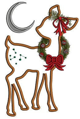 Reindeer Wearing Christmas Wreath And The Moon Christmas Applique Machine Embroidery Design Digitized Pattern