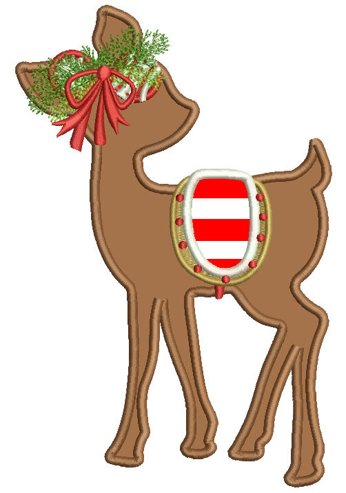 Reindeer With Christmas Bow Applique Machine Embroidery Design Digitized Pattern