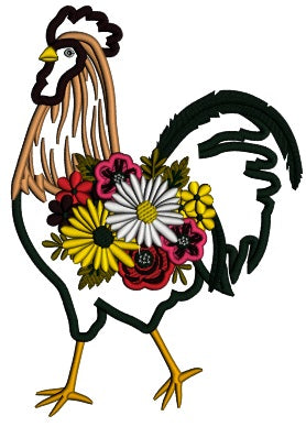 Rooster With Beautiful Flowers Applique Machine Embroidery Design Digitized Pattern