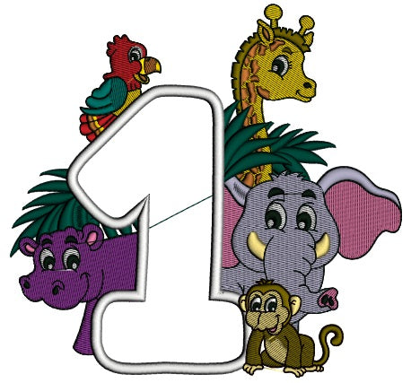 Safari Number One First Birthday Applique Machine Embroidery Design Digitized Pattern