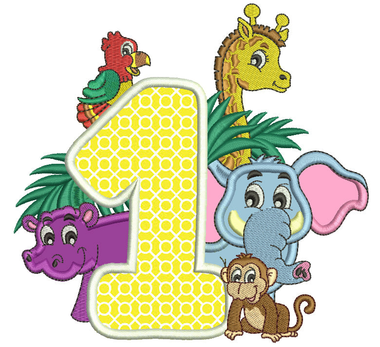 Safari Number One First Birthday Elepahnt and Hippo Applique Machine Embroidery Design Digitized Pattern