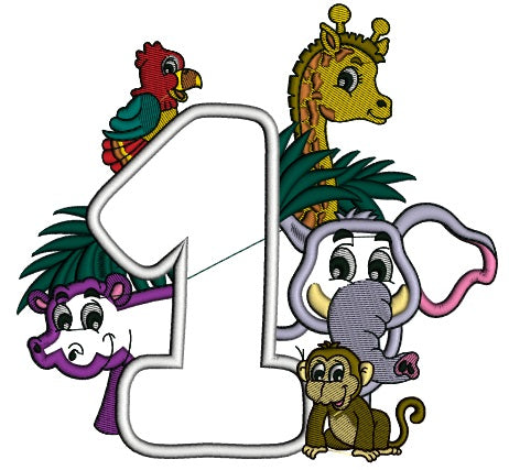Safari Number One First Birthday Elepahnt and Hippo Applique Machine Embroidery Design Digitized Pattern