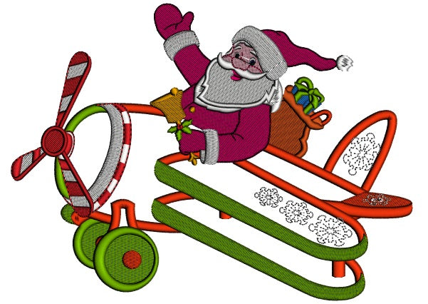 Santa Flying Airplane Christmas Applique Machine Embroidery Design Digitized Pattern