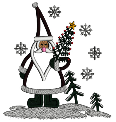 Santa Holding Christmas Tree Applique Machine Embroidery Design Digitized Pattern