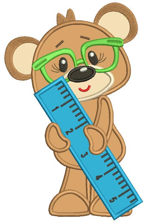 School Bear Holding a Ruler Applique Machine Embroidery Design Digitized Pattern