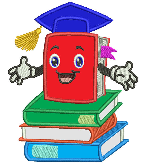 School Book Wearing Graduation Cap Applique Machine Embroidery Design Digitized Pattern