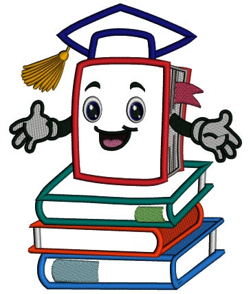 School Book Wearing Graduation Cap Applique Machine Embroidery Design Digitized Pattern