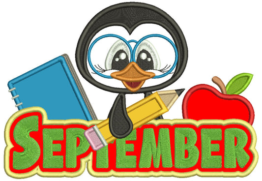 September Penguin Holding a Pencil School Applique Machine Embroidery Design Digitized Pattern
