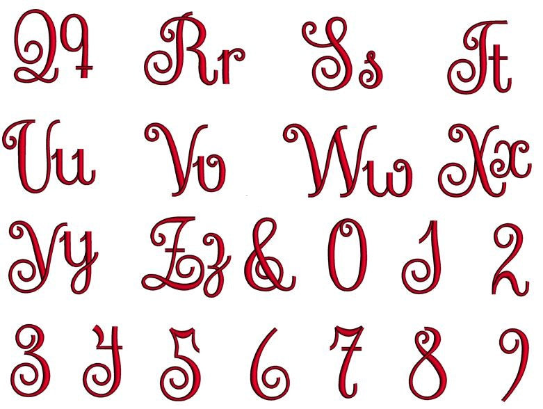 Sevile Font Machine Embroidery Script Upper and Lower Case 1 2 3 inches