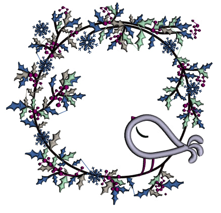 Singing Bird Christmas Wreath Applique Machine Embroidery Design Digitized Pattern