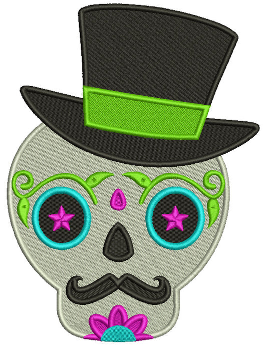 Skull WIth a Hat And Mustache Cinco de Mayo Filled Machine Embroidery Design Digitized Patterny