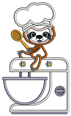 Sloth Cook Sitting On a Cooking Mixer Applique Machine Embroidery Design Digitized Pattern
