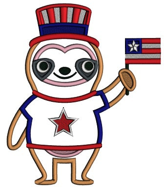 Sloth Holding American Flag Patriotic 4th Of July Applique Machine Embroidery Design Digitized Pattern