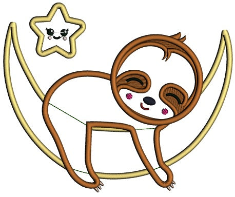 Sloth Sleeping On The Moon And Smiling Star Applique Machine Embroidery Design Digitized Pattern