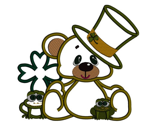 Smiling Bear With Little Frogs Shamrock and Irish Hat Applique Machine Embroidery Digitized Design Pattern