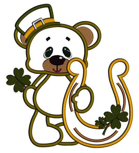 Smiling Irish Bear With Horseshoe and Shamrock Applique Machine Embroidery Digitized Design Pattern