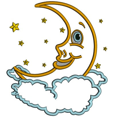 Smiling Moon In The Clouds Applique Machine Embroidery Design Digitized Pattern