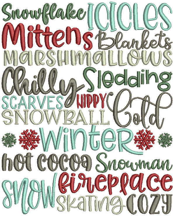 Snowflake Icicles Mittens Blankets Marshmallows Chilly Winter Filled Christmas Machine Embroidery Design Digitized Pattern