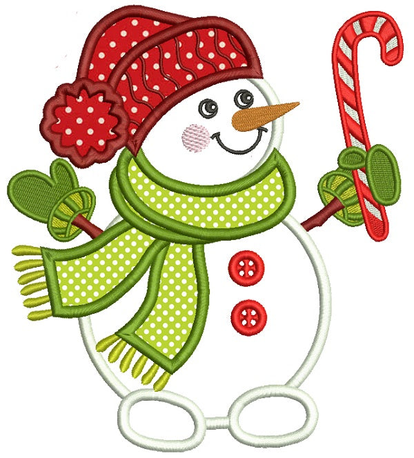 Snowman Holding Candy Cane Christmas Applique Machine Embroidery Design Digitized Pattern