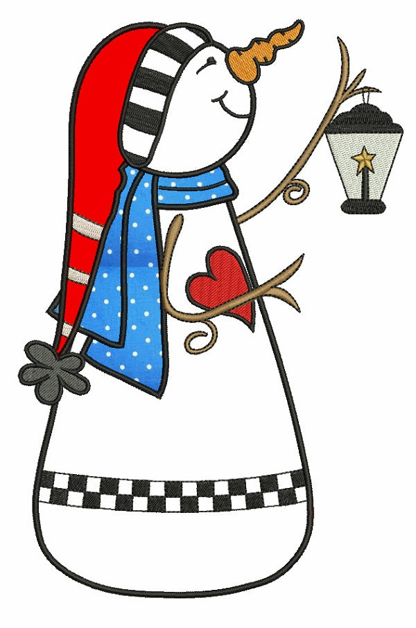Snowman Holding Lantern Christmas Applique Machine Embroidery Design Digitized Pattern
